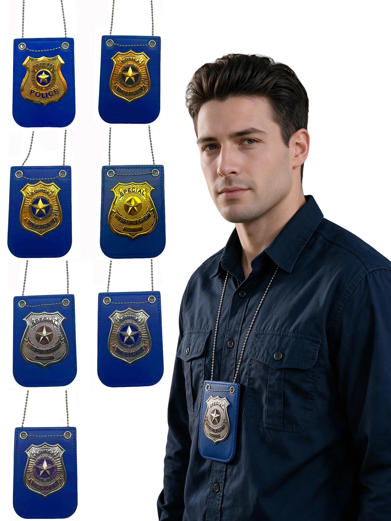 Halloween Police Badge Necklace PU Leather Holster Card Holder Kids Cosplay Costume Accessory Party Fancy Dress Prop