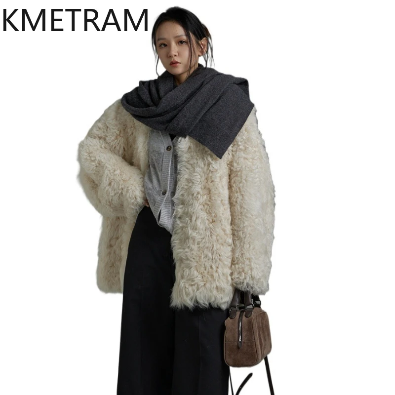 

KMETRAM 100% Natural Tuscany Wool Sheepskin Fur Jacket Beige Woman V-neck Real Fur Coat Women Winter Clothing 2025 ropa mujer