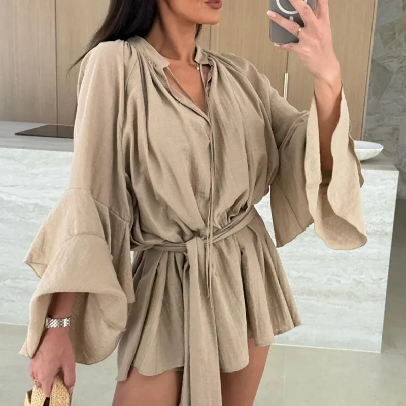 Sexy Deep V Lace Up Solid Color Women\'s Dress Spring Summer Ruffle Loose Mini Dress Casual Flare Sleeve Holiday Dresses Vestidos