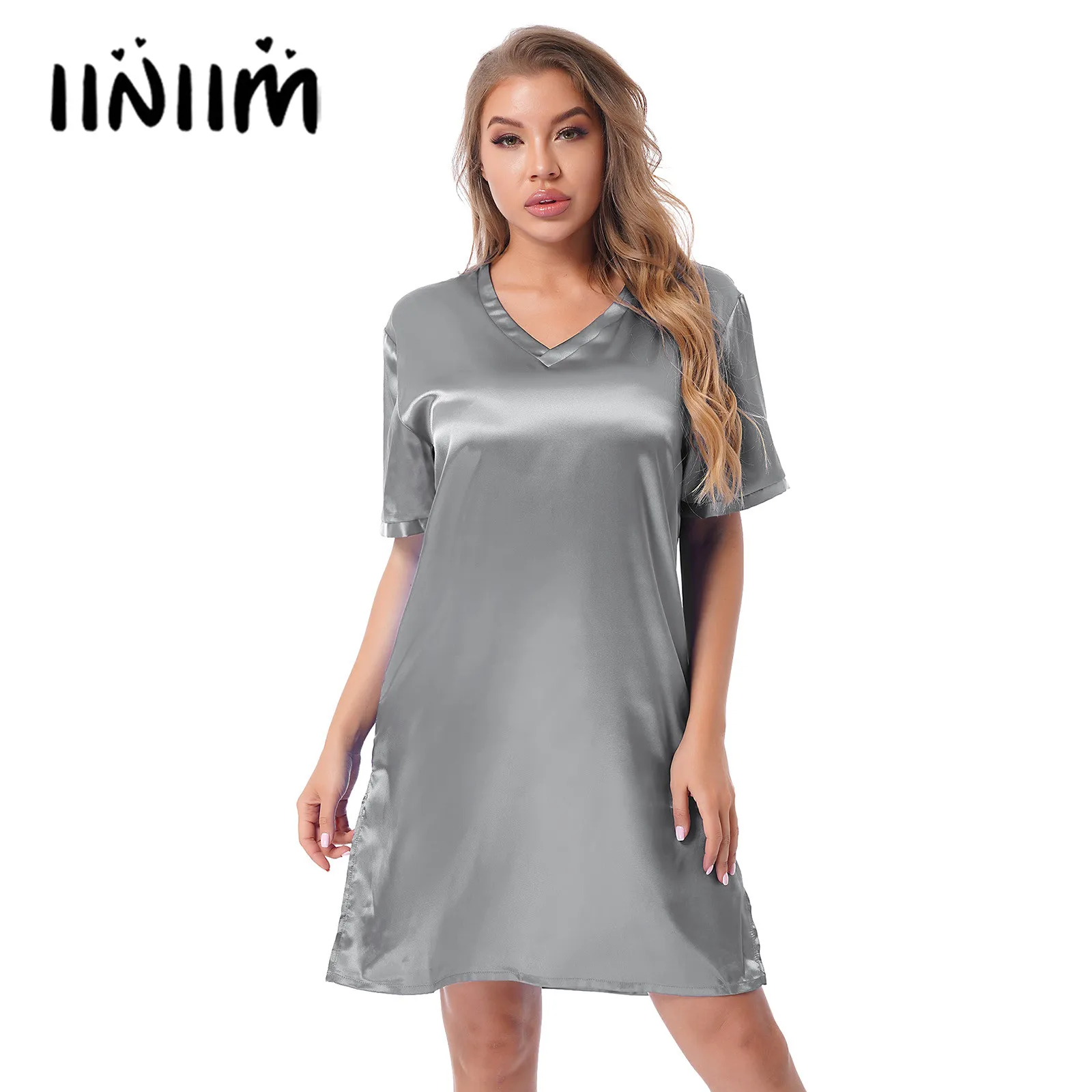 

Womens Sleepwear V Neck Satin Nightgown Shirt Robes Short Sleeve Nightdress Loungewear Sides Split Nightwear