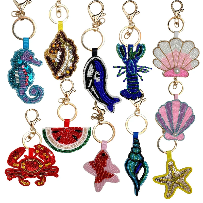 Beaded Patch Sequin Rhinestones Crab Starfish Seashell Conch Keychain For Embellishing Bag Charm Decor