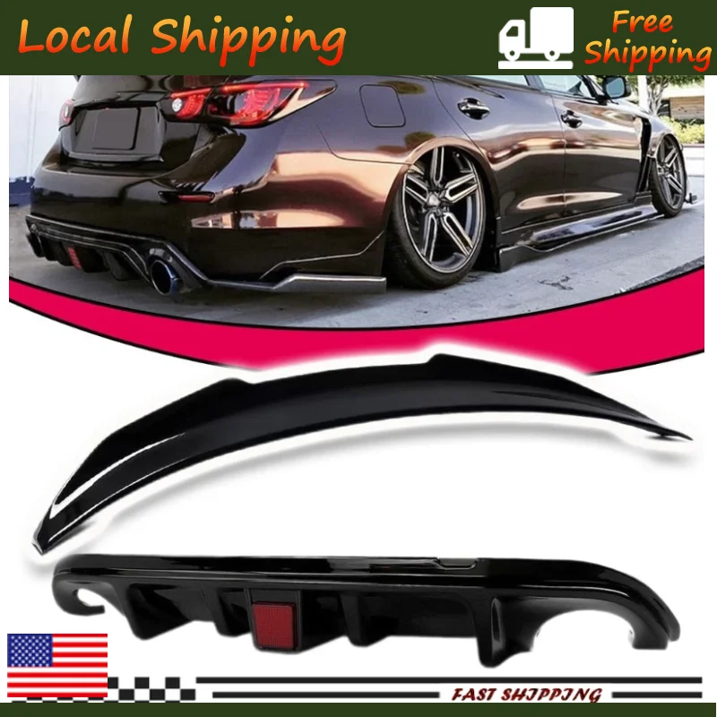 

Car Rear Bumper Diffuser & Rear Spoiler For Infiniti Q50 2014-2017 With LED LampRear Wing Spoiler Lip BodyKit Carbon Fiber