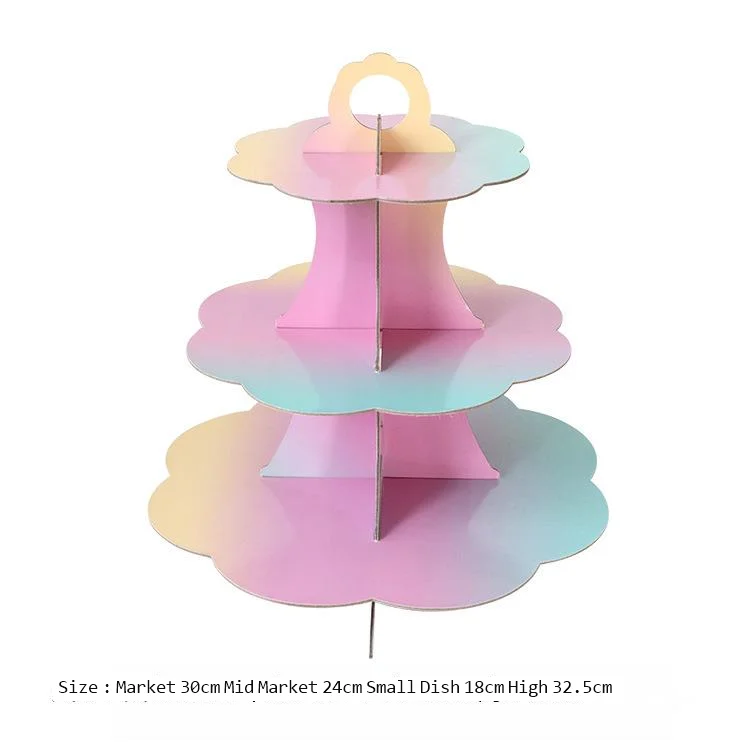 Three-layer paper rainbow cake stand birthday party dress up cake decoration paper cake tray snack dessert stand wholesale