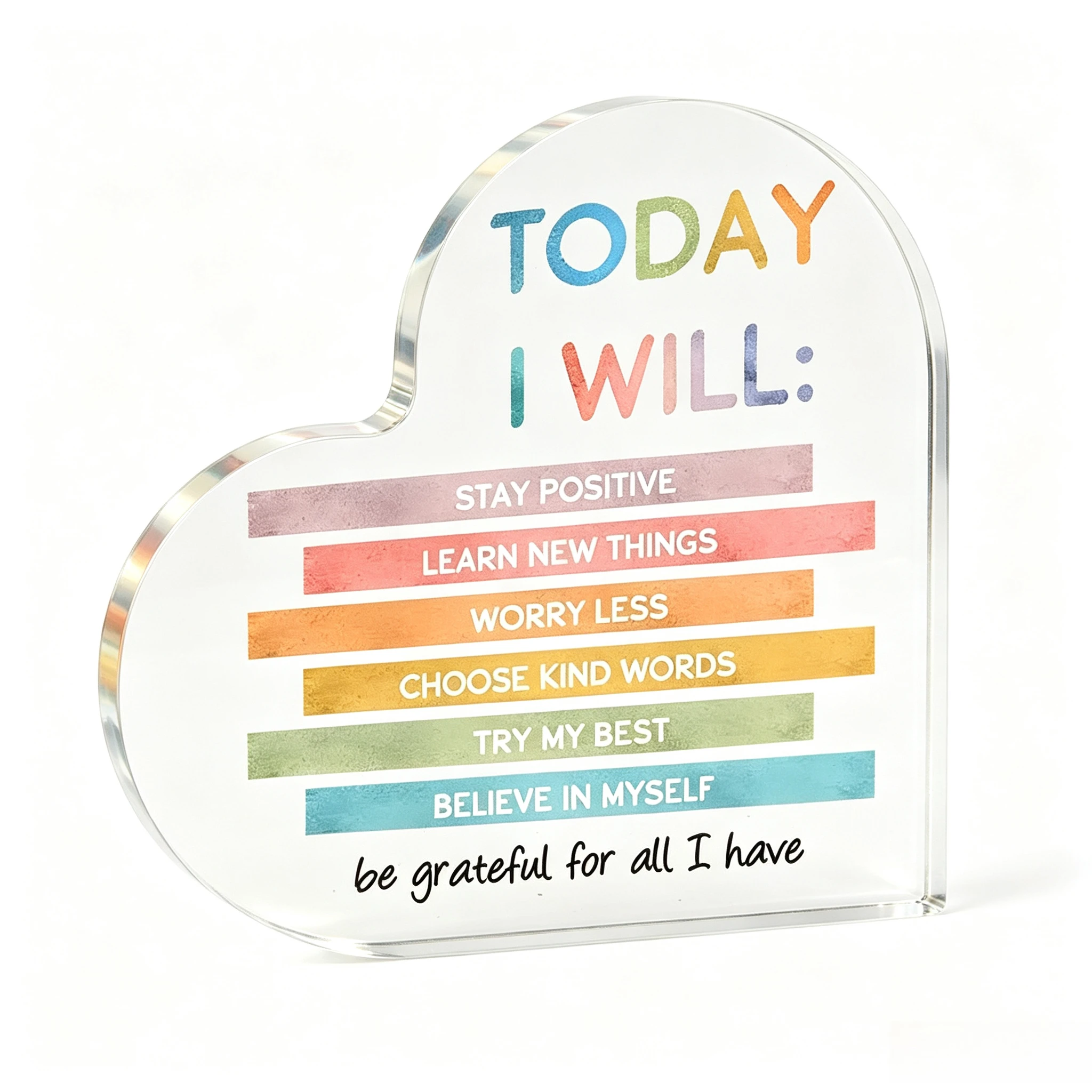 Pastel Rainbow Strips Heart Acrylic Stand, Inspirational Self‑Motivation Keepsake Table Ornament