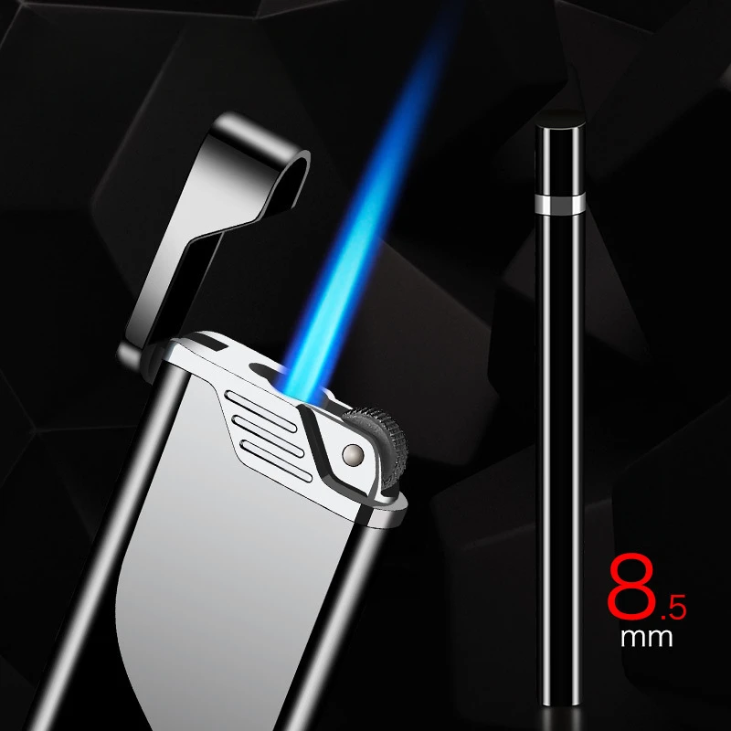 Ultra-thin Grinding Wheel Windproof Straight-through Lighter Blue Flame Metal Personalized Inflatable Men's Cigarette Lighter