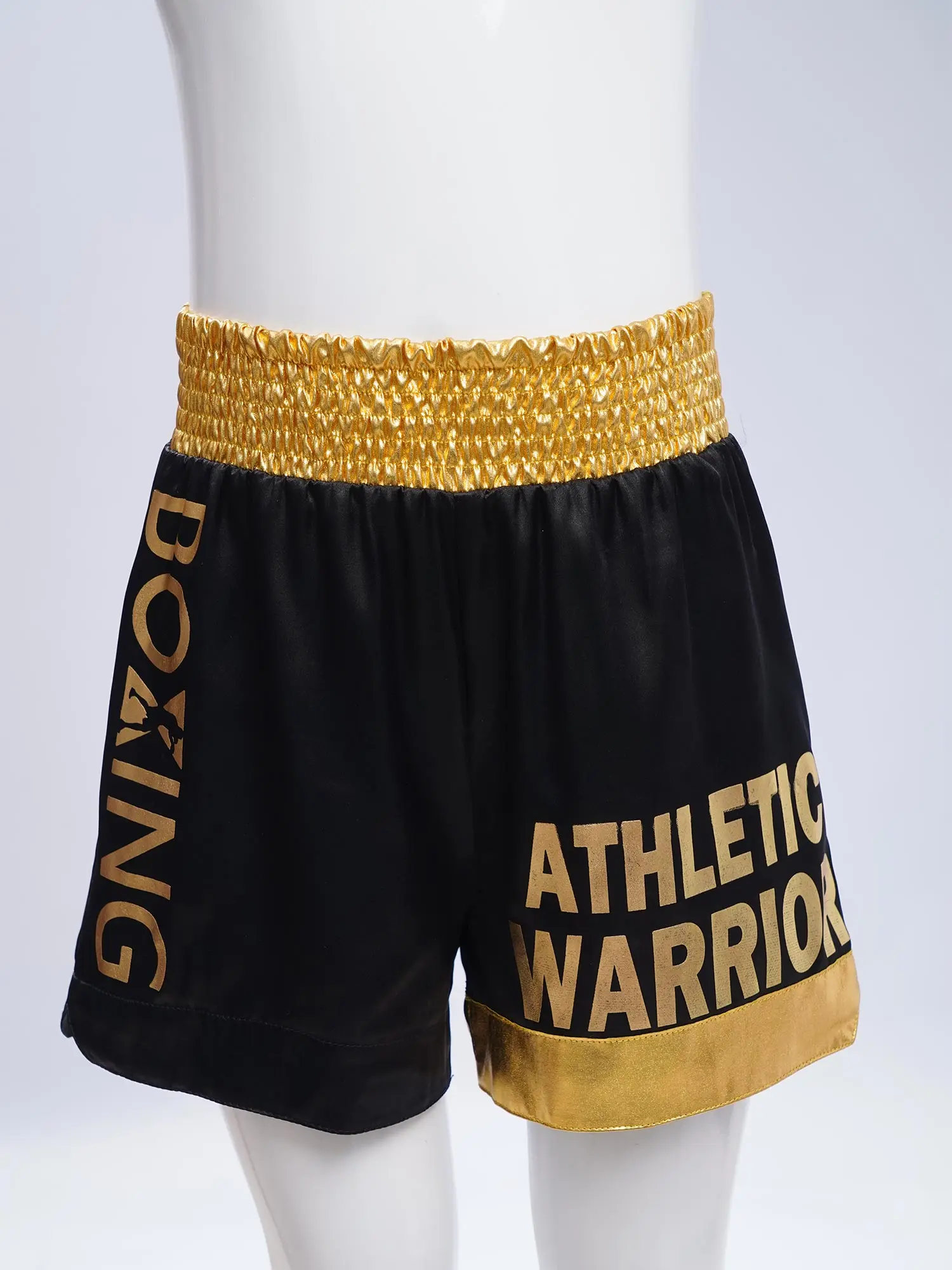 Pantalones cortos de boxeo para niños, ropa de entrenamiento tipo bóxer, pantalones cortos con abertura lateral ancha y elásticos con estampado de letras metálicas para fiesta de disfraces de Halloween