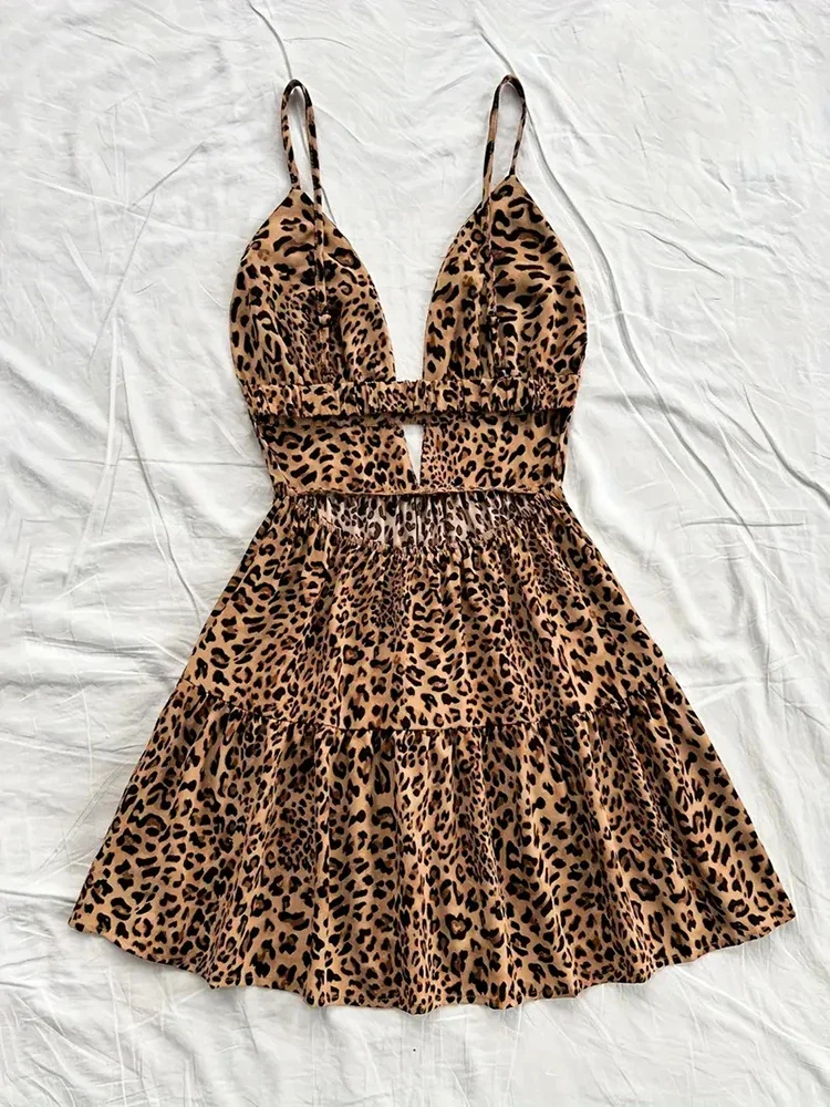 Sexy Leopard Print Mini Dress for Women Summer Sleeveless Sweetheart Neck Cami Dress Slim Fitting Cut Out Design Perfect