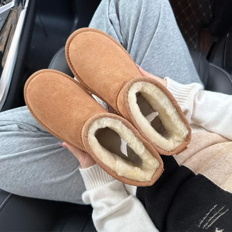 Men's and women's sheepskin and wool integrated snow boots, real leather and fur, winter thick and warm boots for women