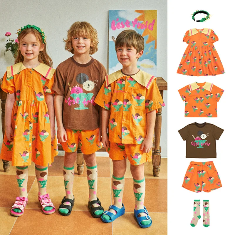 

spot BEBEBEBE Summer 2024 Cute Ice Cream Print Dress Shirt and Shorts Set for Boys and girls kids clothes kids clothes girls