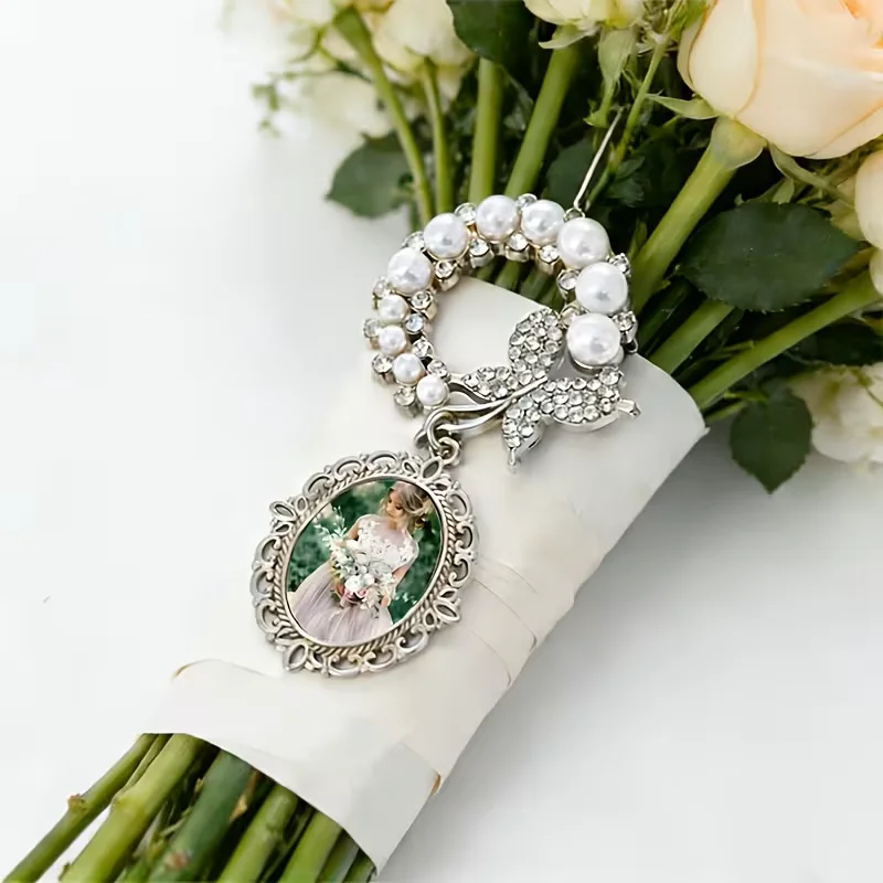 Custom Image Metal Bouquet butterfly Pendant, Heat Transfer Customised Wedding Bouquet Accessory, Custom Wedding Gift Souvenir