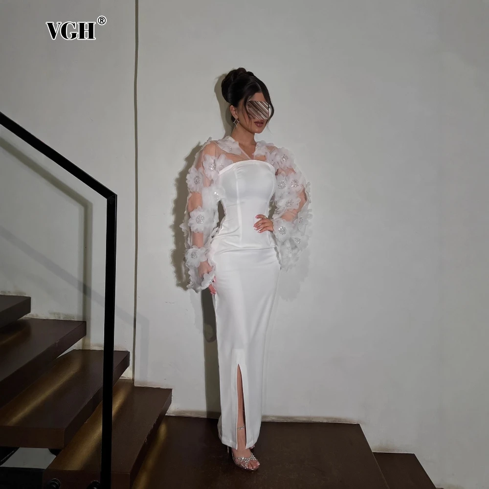 VGH Sexy See Through Split Jurk voor Vrouwen V-hals Patchwork Applicaties Sheer Mesh Ontwerp Bodycon Jurken Met Lange Mouwen Vrouwelijke Nieuw