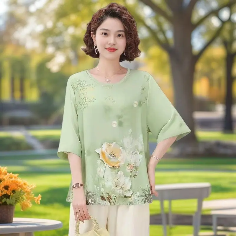 

Summer 3/4 Sleeve Top T-Shirt Elegant Loose Fashion Women's Blouse