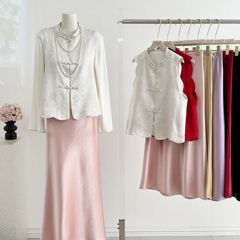 

New Chinese Sle plus Size Women's Faion Set Vest Base irt Top f Skirt Tee Piece Set Commute Sle Regular Sve