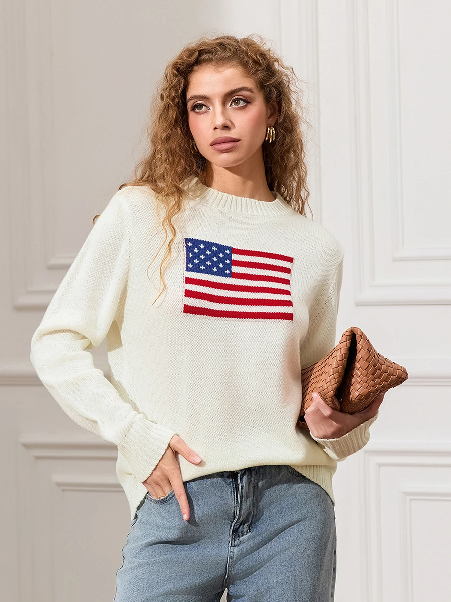 Damski sweter w stylu vintage modny wzór sweter z długim rękawem wycięcie pod szyją Casual sweter z dzianiny bluza w stylu Preppy Streetwear