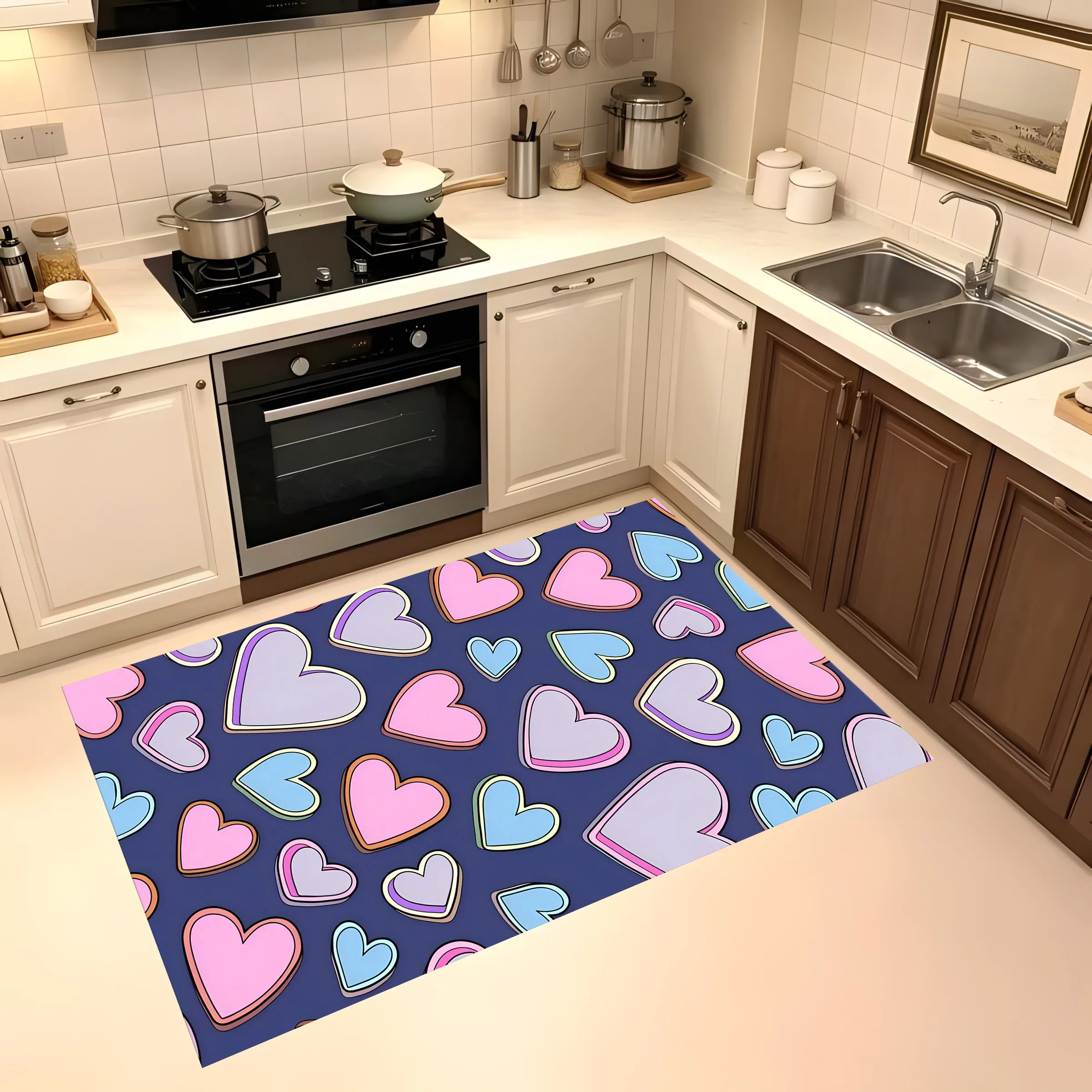 Macaron Color Block Heart Print Rug Soft Velvet Area Carpet Living Room Bedroom Bedside Decor
