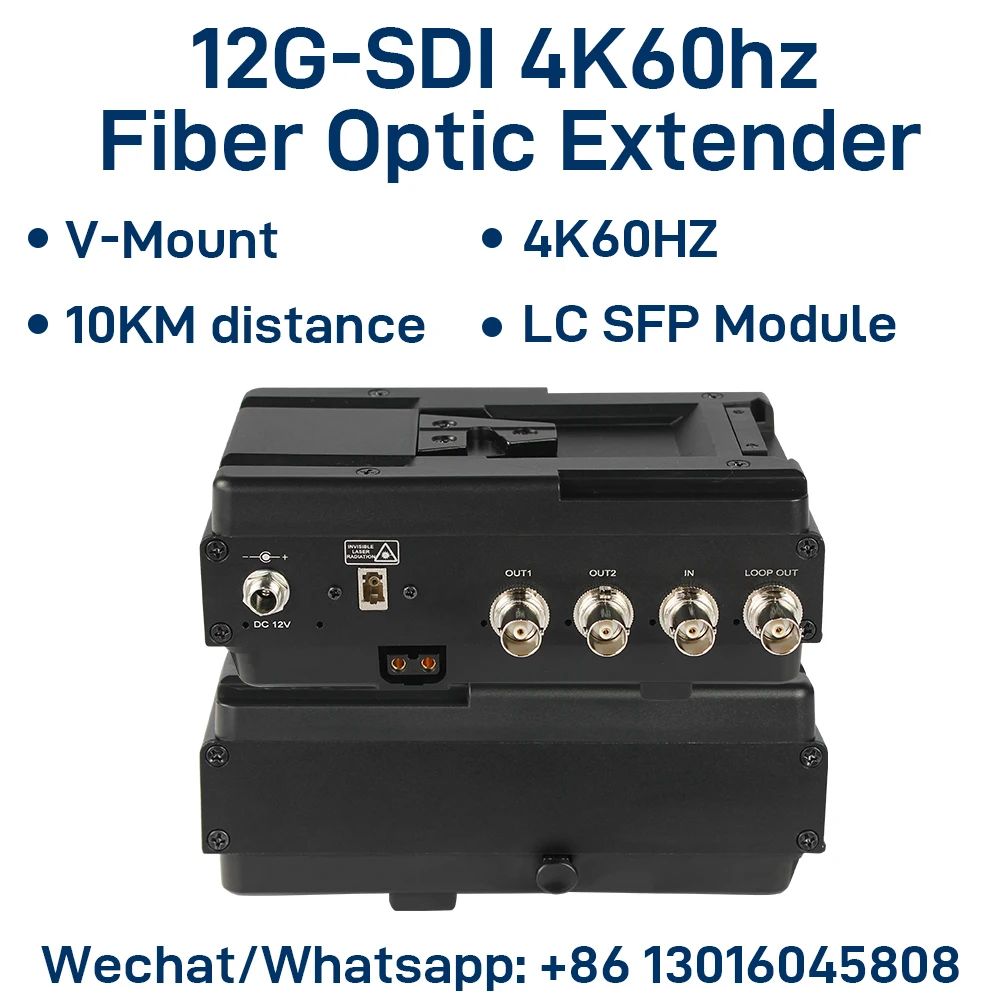 12G-SDI Fiber Optic Extender, 4K@60Hz Bidirectional 1-Channel with Loop Out, LC Single-Mode 10km, V-Mount Compatible