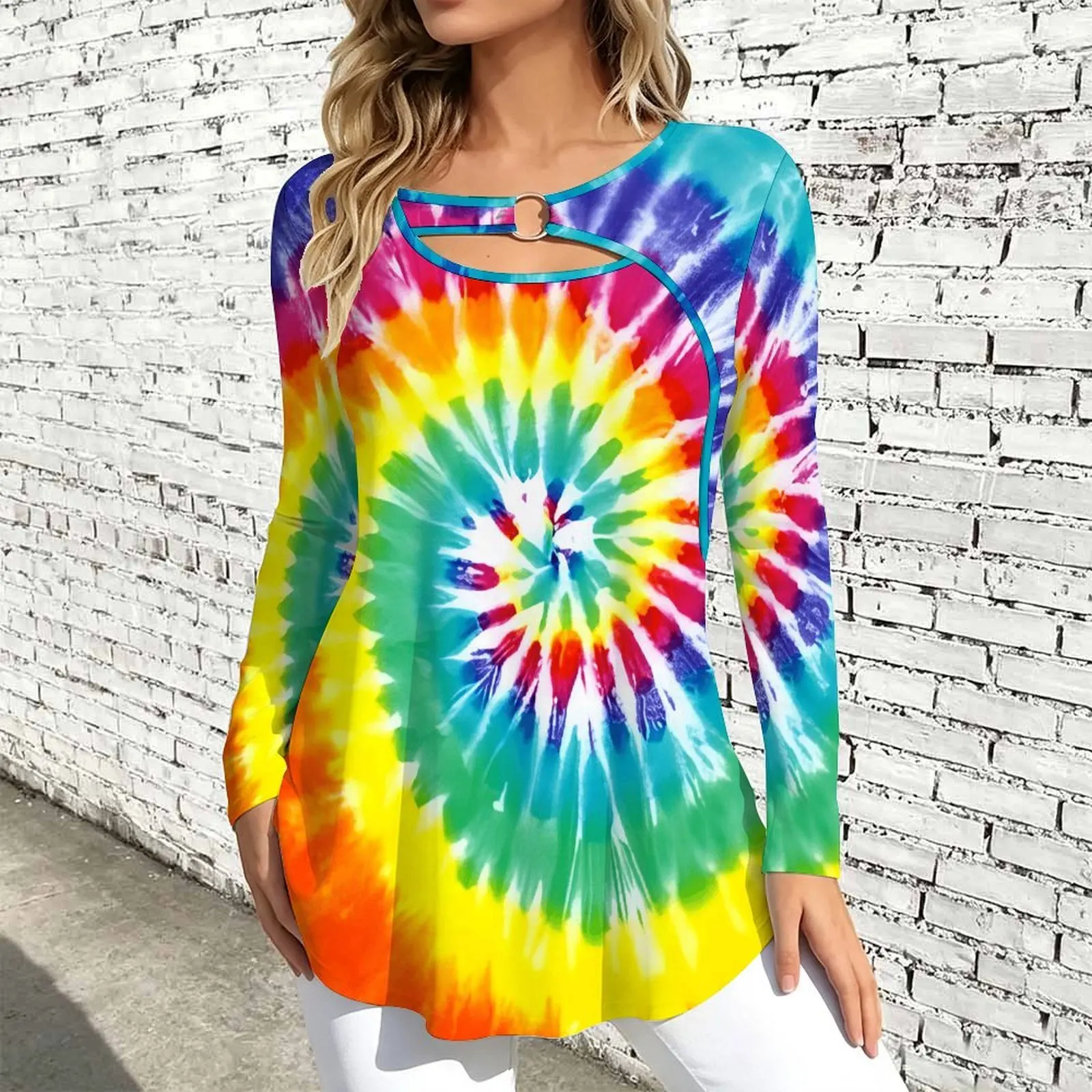Women Long Sleeve Tunic Top Print O Ring Cutout Neck Loose A Line Hem Casual Ladies Blouse