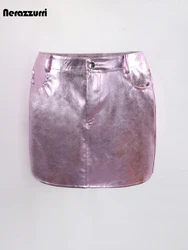 Nerazzurri Spring Shiny Black Pink Silver Gold Patent Faux Leather Mini Skirts for Women High Waist Sexy Short Y2K Style Clothes