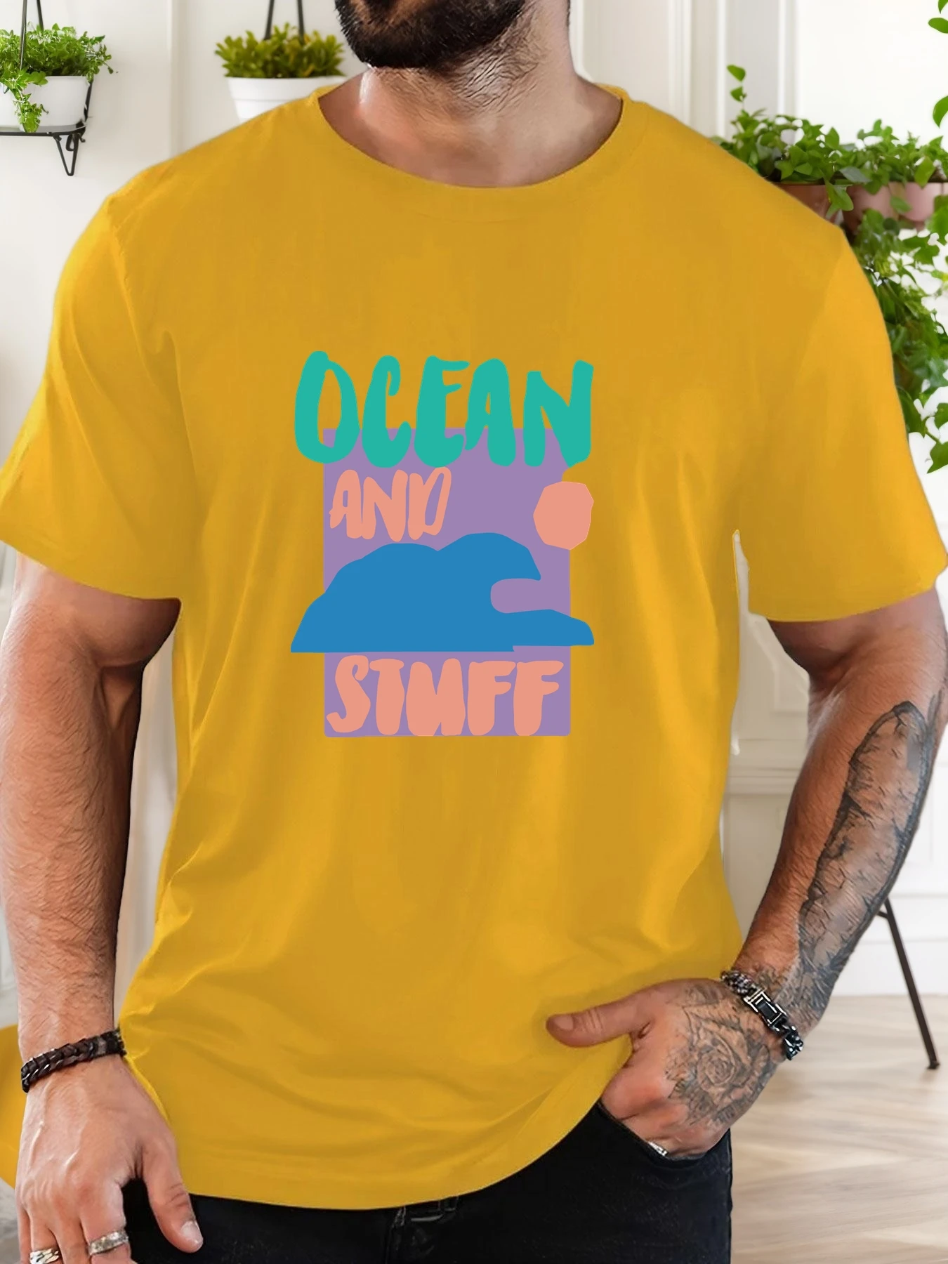 Men's 100% Cotton Printed T-Shirt Ocean Pattern Summer Casual Oversized Round Neck Short Sleeve Comfortable Daily Wear Tee