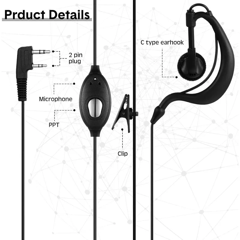 10pcs Walkie Talkie Earpiece with Mic 2 Pin Two Way Radio Microphone Earbud Bulk Single Wire Earhook Headset for Baofeng Radio