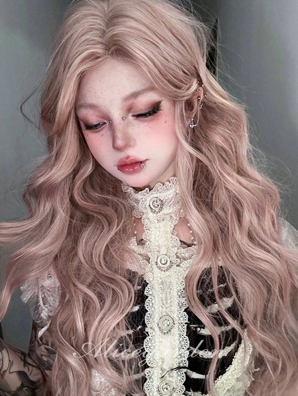 OLACARE Synthetic Lace Front Wigs Middle Part Wigs Synthetic Long Curly Wavy Blonde Pink Wig Cosplay Party Heat Resistant Women