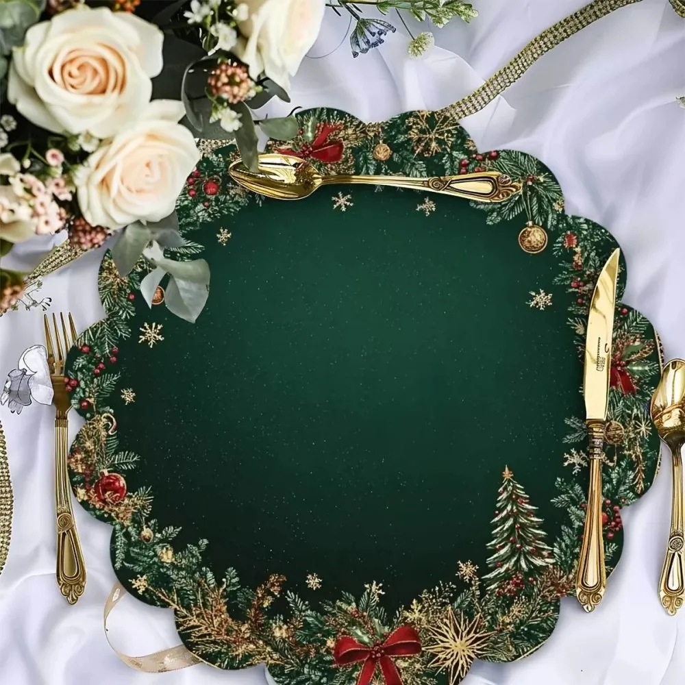 VIKAMA Conjunto de 4 peças de jogos americanos redondos de Natal, tapetes de mesa com padrão dourado esmeralda, decoração festiva de Natal