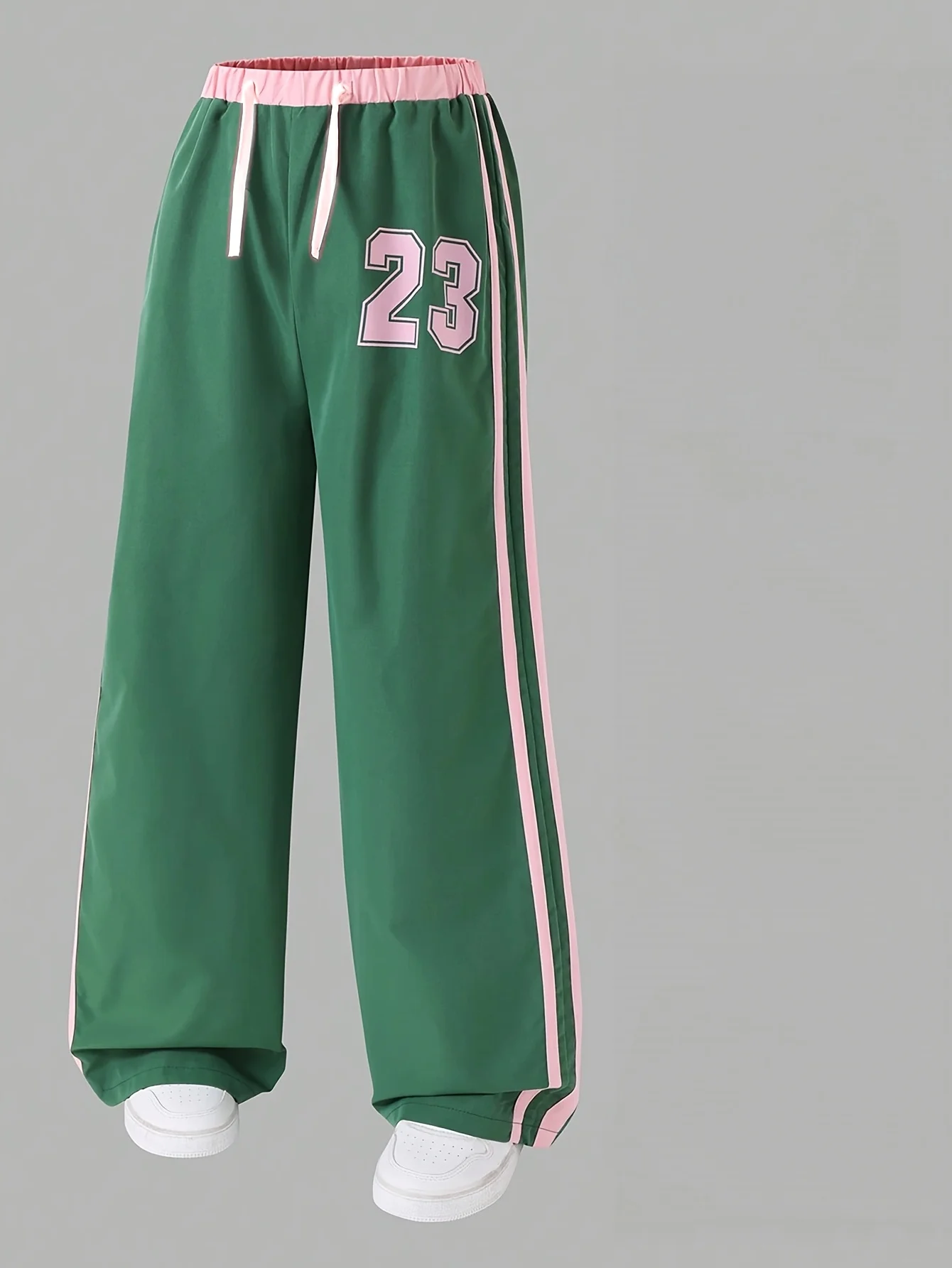 2026 Women Green Pink Color Block Track Pants, Side Double Stripes #23 Print Elastic Waist Casual Streetwear Trousers Kids
