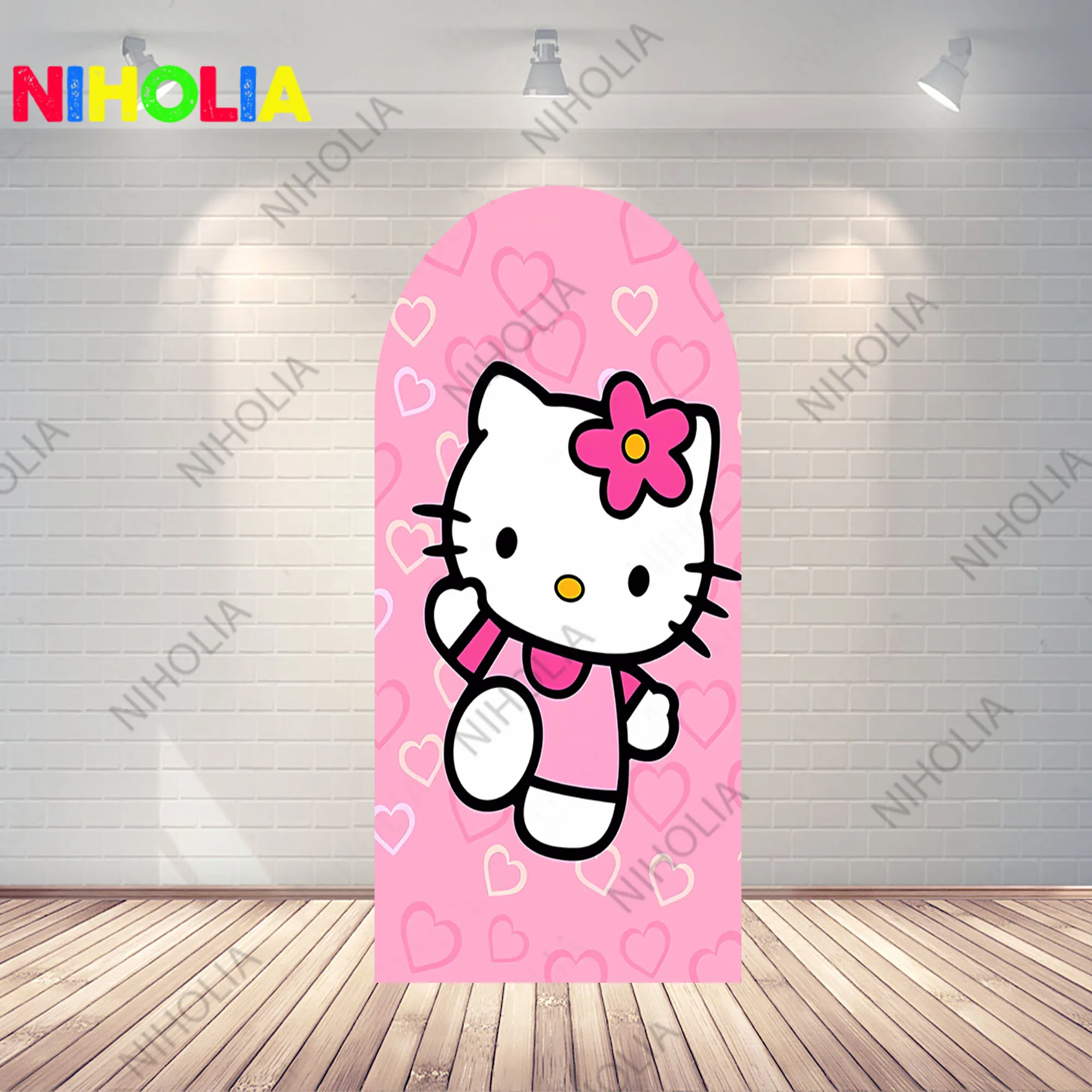 خلفية صورة Hello Kitty وردية اللون ، أغطية مقوسة ، خلفية جانبية مزدوجة ، مستلزمات كشك تصوير فوتوغرافي ، حفلة عيد ميلاد ، استحمام طفل ، فتيات