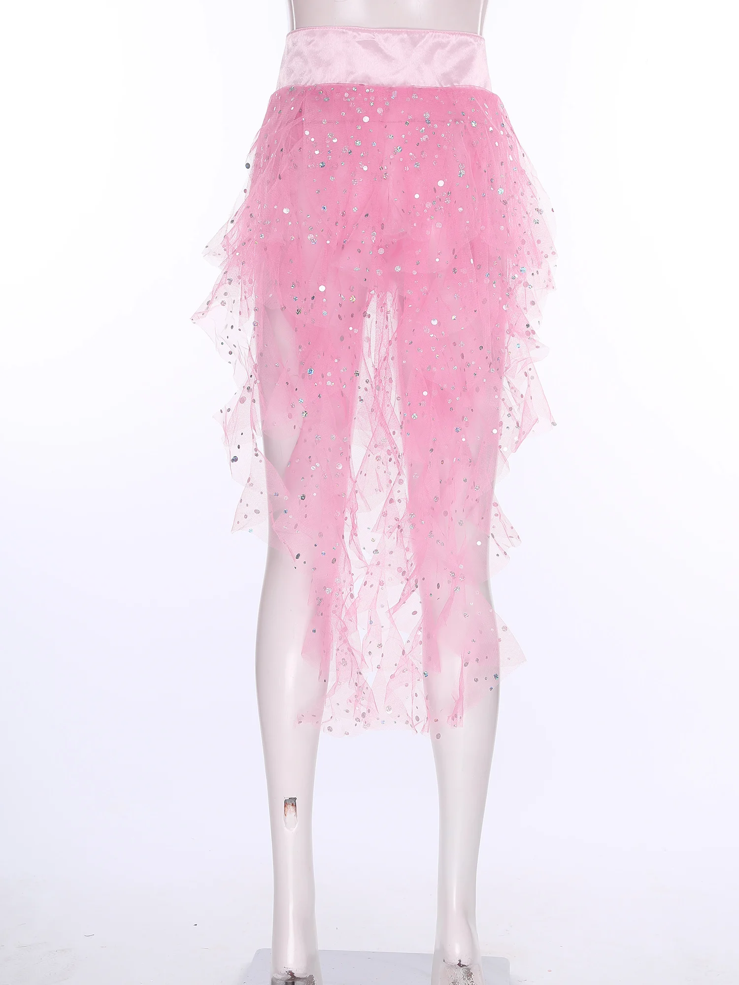 Women Sheer Tulle Belly Dance Hip Scarf Ruffles Sequin Tiered Split Hem Satin Belt Waist Skirt Chacha Latin Tango Dance Costume