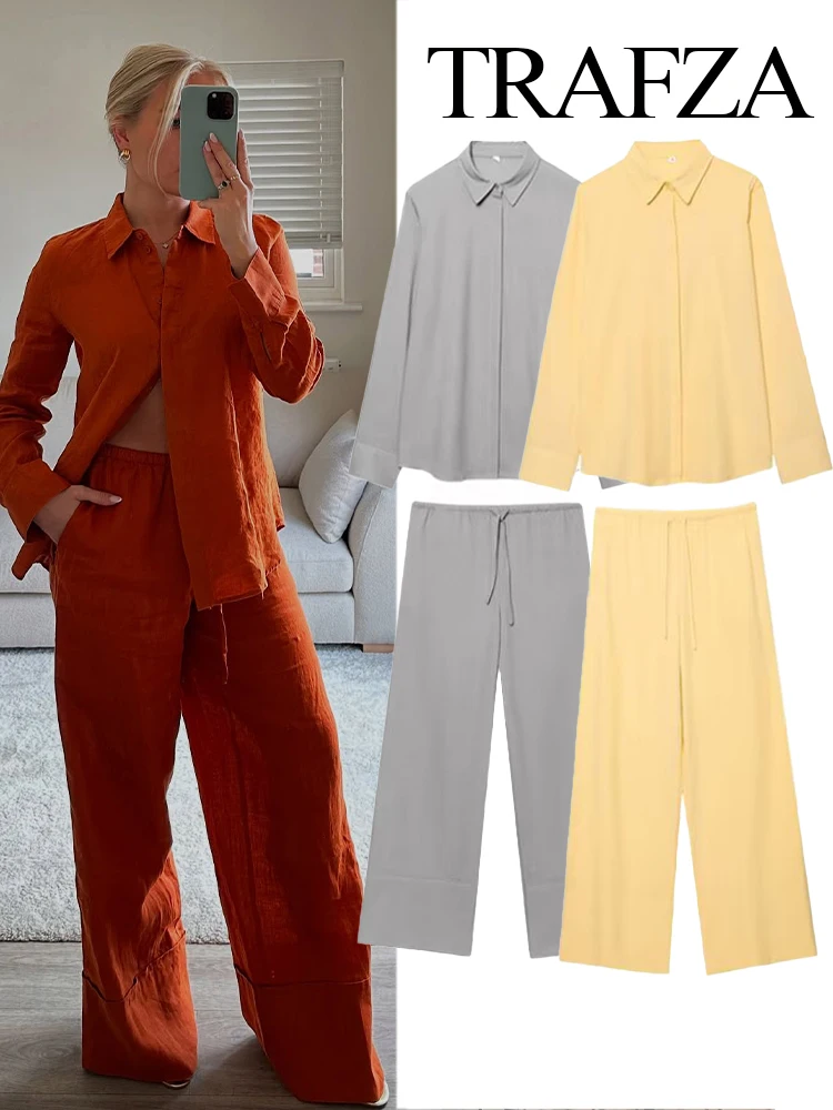 

TRAFZA Women Summer New 2-Piece Set Fashion Solid Simple Line Single Breasted Lapel Shirt+Casual Loose Drawstring Wide Leg Pants