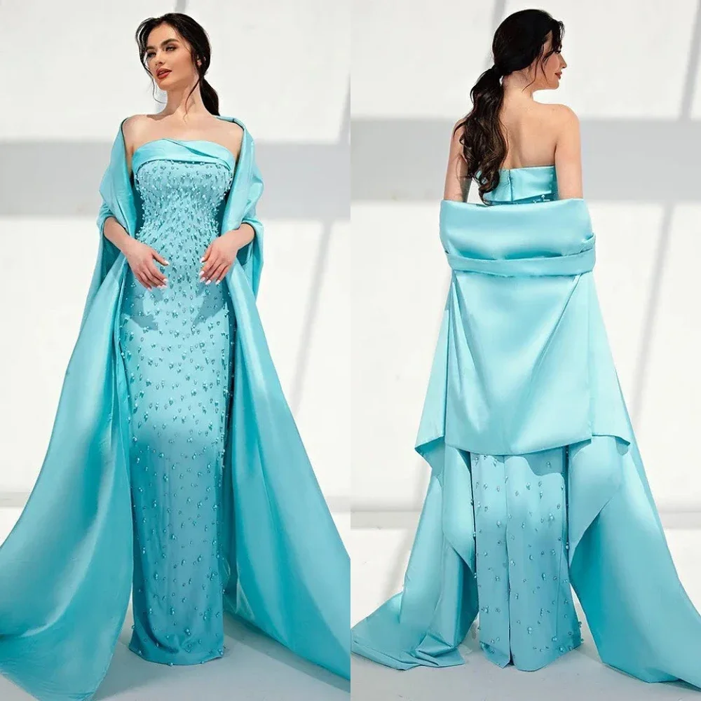 Customized Exquisite Prom Casual Strapless Sheath Formal Ocassion Gown Stole Beading Floor Length Skirts Charmeuse Evening Dre