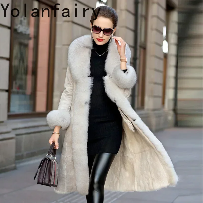 Natural Real Rabbit Fur Coat Female Winter Luxury Fox Fur Collar Clothes 2024 Korean Elegant Double Faced Fur Tops Hiver 619095