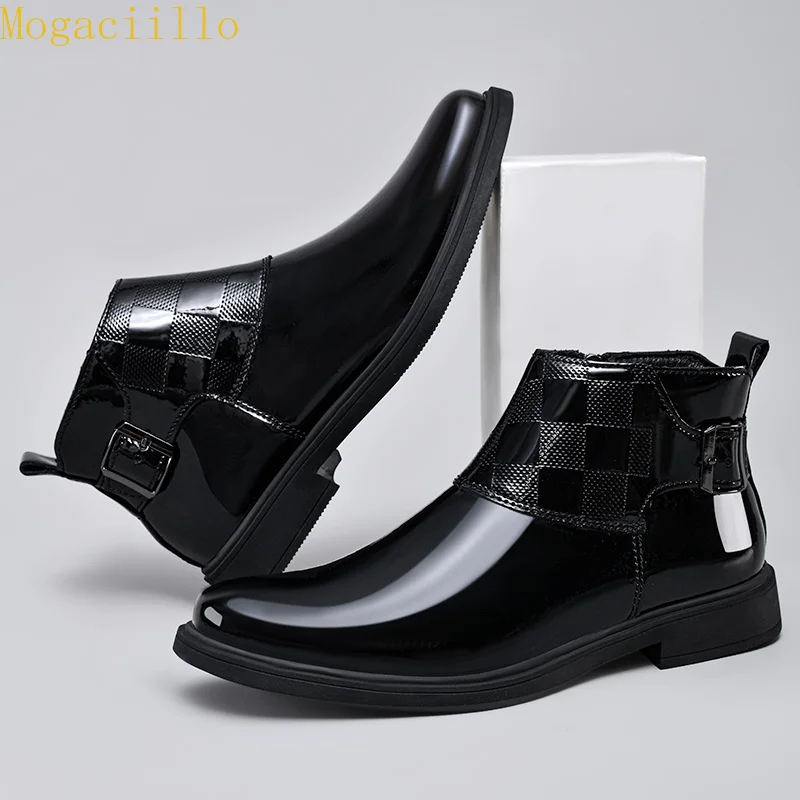 Brand Men's Black Gloss Patent Leather Ankle Boots High Quality Buckle Decor Chelsea Boots Genuine Leather Business Casual Shoes - view 3