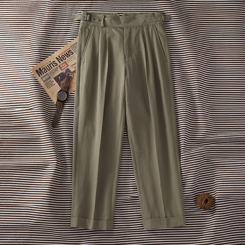 homemade three generation silhouette pants men's loose straight Paris button adjustable casual pants herringbone pattern gre