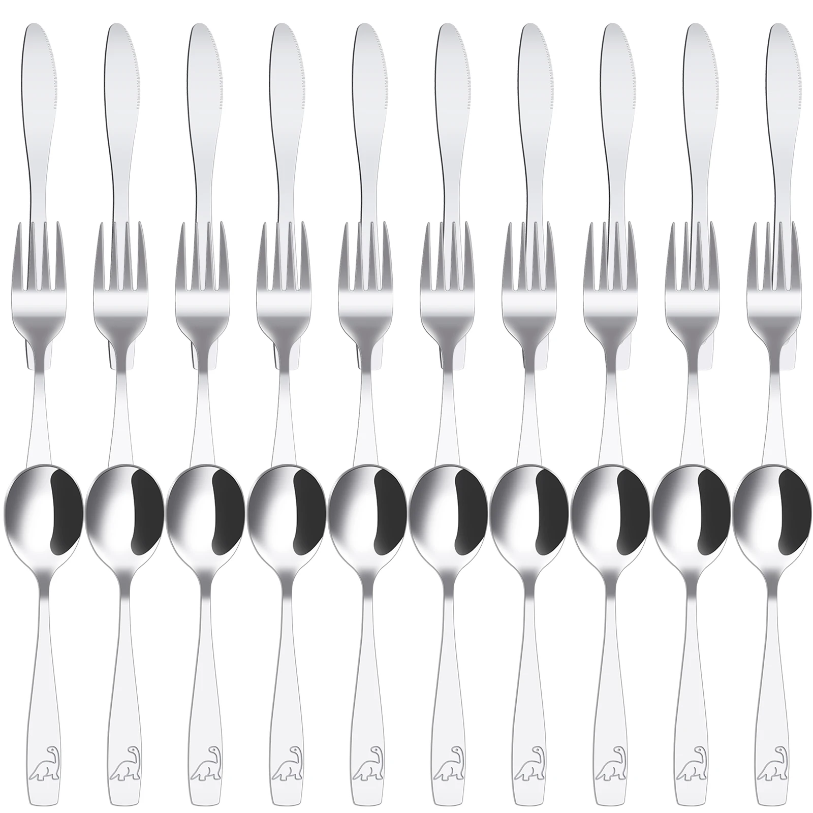 30Pcs Kids Silverware Set Stainless Steel Toddler Fork Spoon and Cutter Set Ergonomic Safe Toddler Utensils Engraved Dinosaur