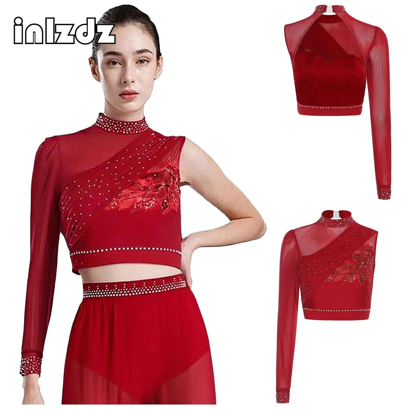 

Womens Asymmetrical Sleeve Back Open Rhinestones Sequin Embroidery Crop Tops for Lyrical Ballet Latin Belly Dance Performance