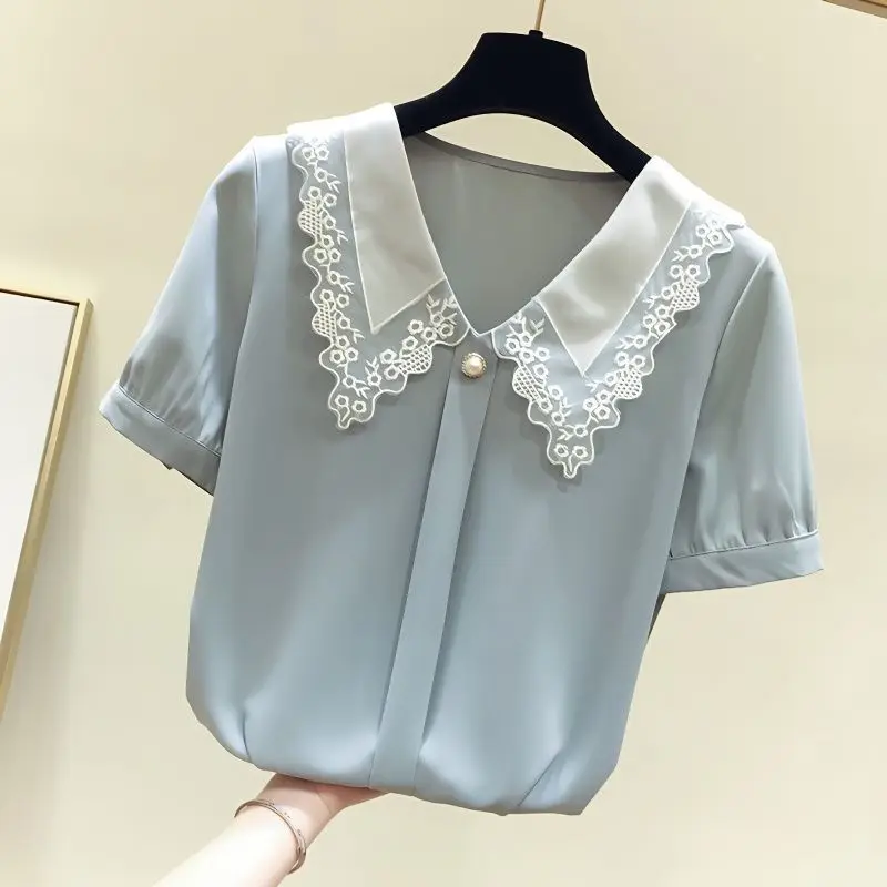 

Women's Chiffon irt ort Sve Summer New All-Matching Doll Collar Cotton 00% Lace Snowflake Top Bright Sparkle