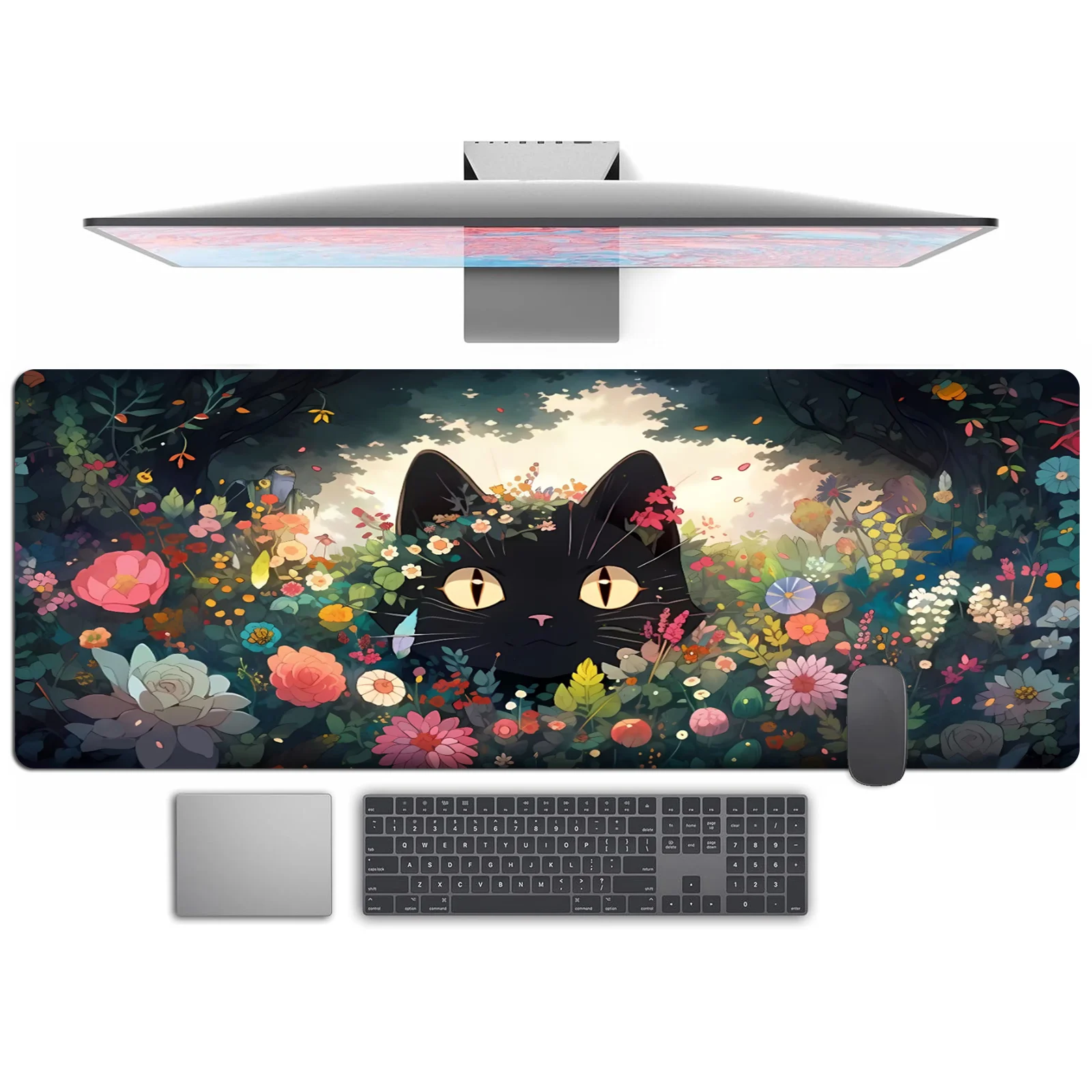 Black Cat Flowers Mouse Pad Desk Pad Large Gaming Mousepad Computer Game Mouse Mat Desk Mat Stitched Edges Non-Slip Rubber Base