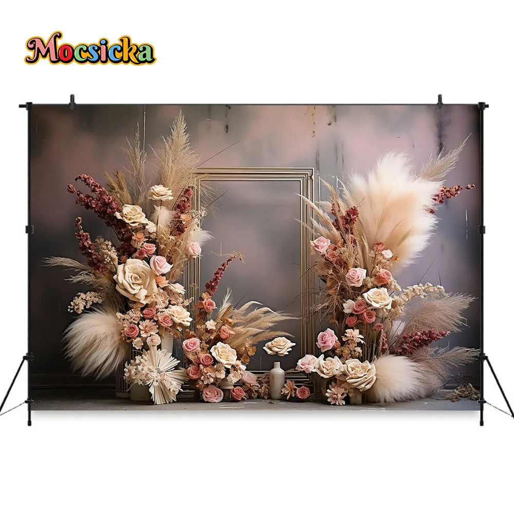 Boho Background for Studio Photography Background Pampas Grass Retro Potted Backdrop Banner Girl Kid Birthday Wedding Photobooth