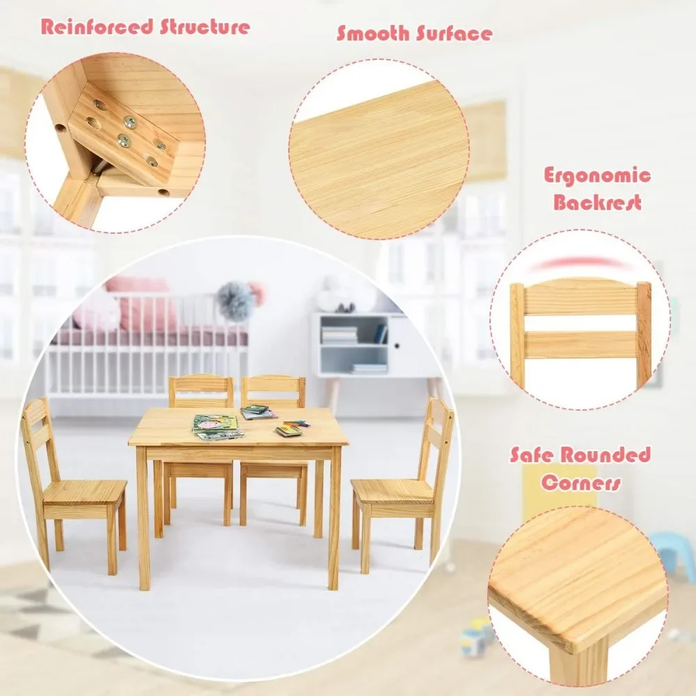 Juego de mesa y silla de madera para niños, mesa y sillas de actividades para niños, artes, manualidades, tarea, tiempo de aperitivos, 5 piezas