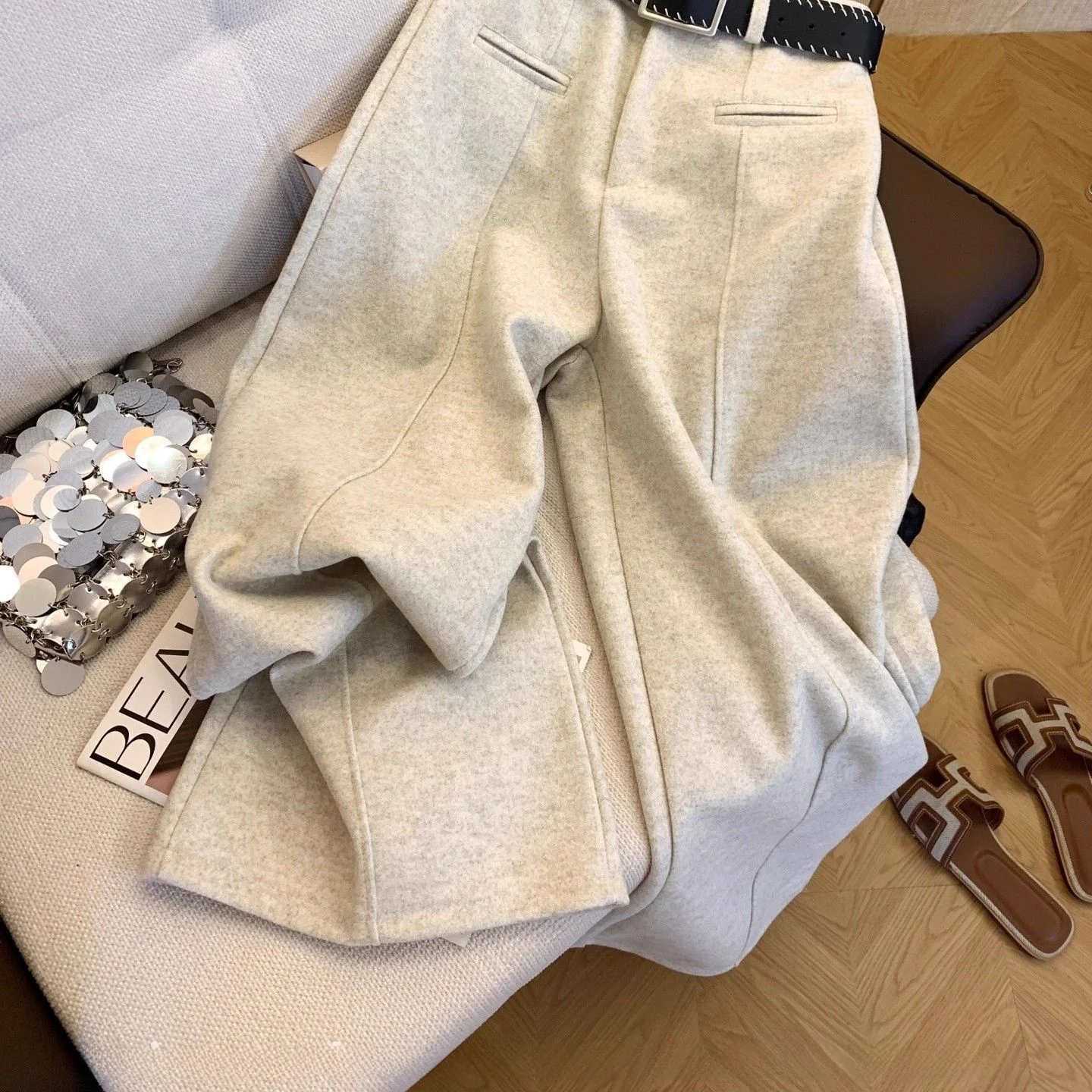 Thickened Woolen Wide Leg Pants Women's High Waist Slimming Suit Pants Grey Casual Trousers Autumn Winter Korean Style
