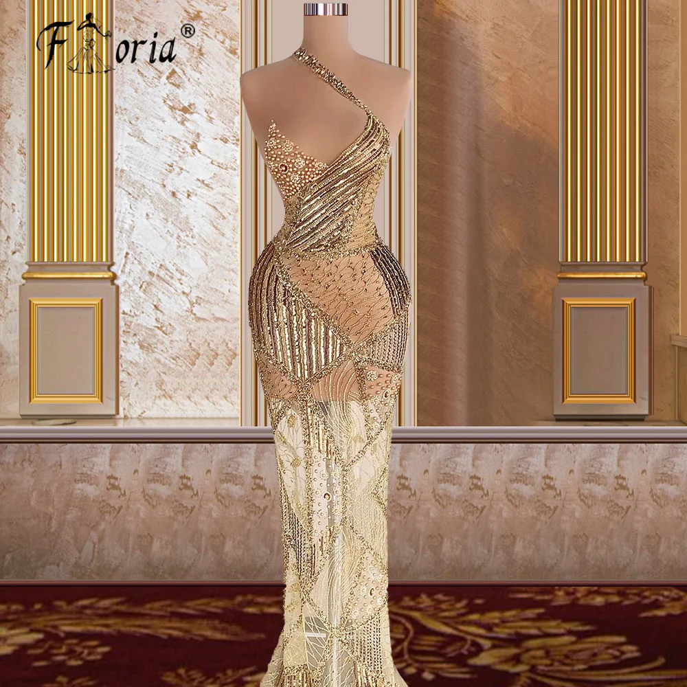 

Luxury Arabic Champagne Prom Party Gowns Handmade Pearls Beads Sexy Illusion Evening Dresses For African 2022 Robe De Soiree