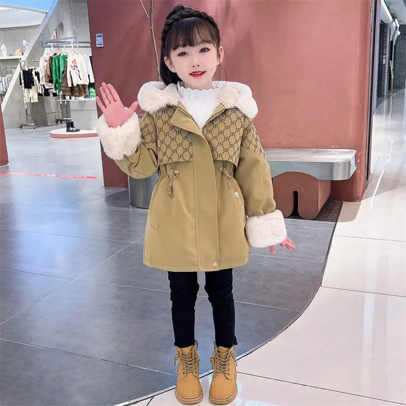 Girls Down Down Coat Jacket Cotton Outerwear Windbreak 2023 Khaki Thicken Velvet Winter Warm Snowsuit Children\'s Clothing