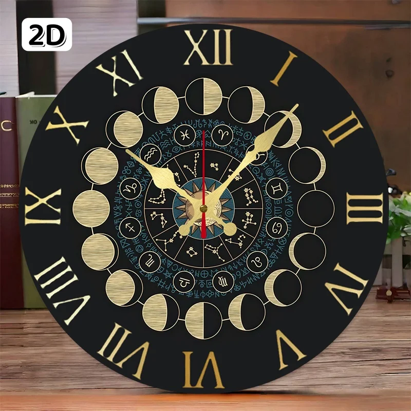 Zodiac & Moon Phase Wooden Round Silent Hanging Wall Clock,Suitable For Living Room, Office,Study Room, Bedroom,Home Decoration.