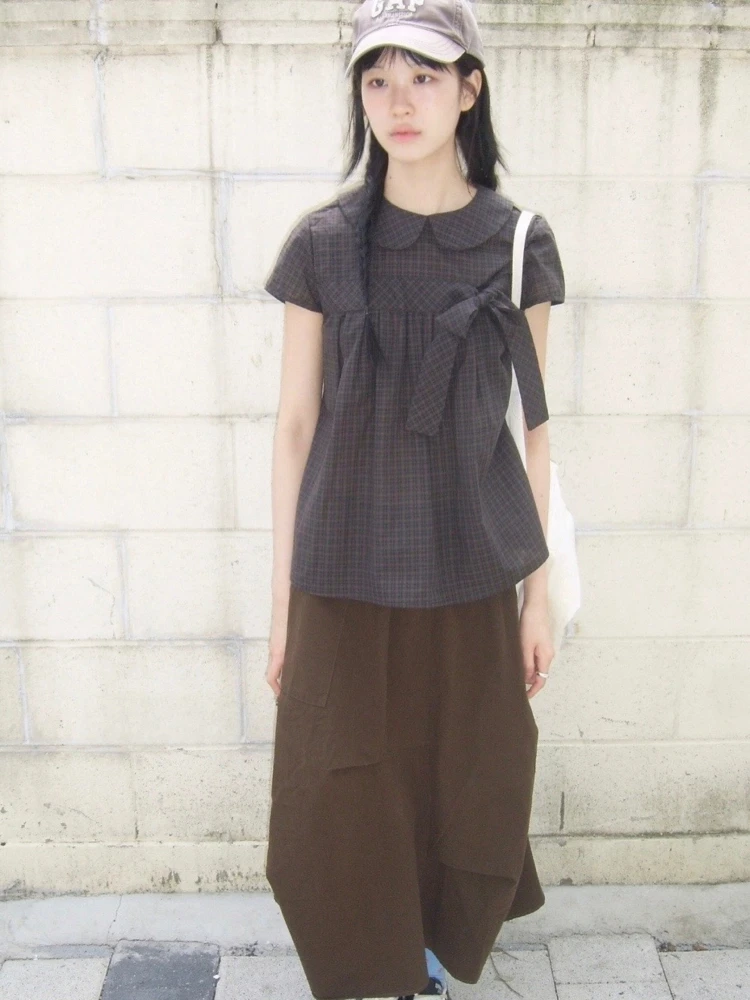 Korean Sle Doll Collar irt  Knot Girl's Feel Vintage Plaid ort Sve Button up Top Women's Faion Commute