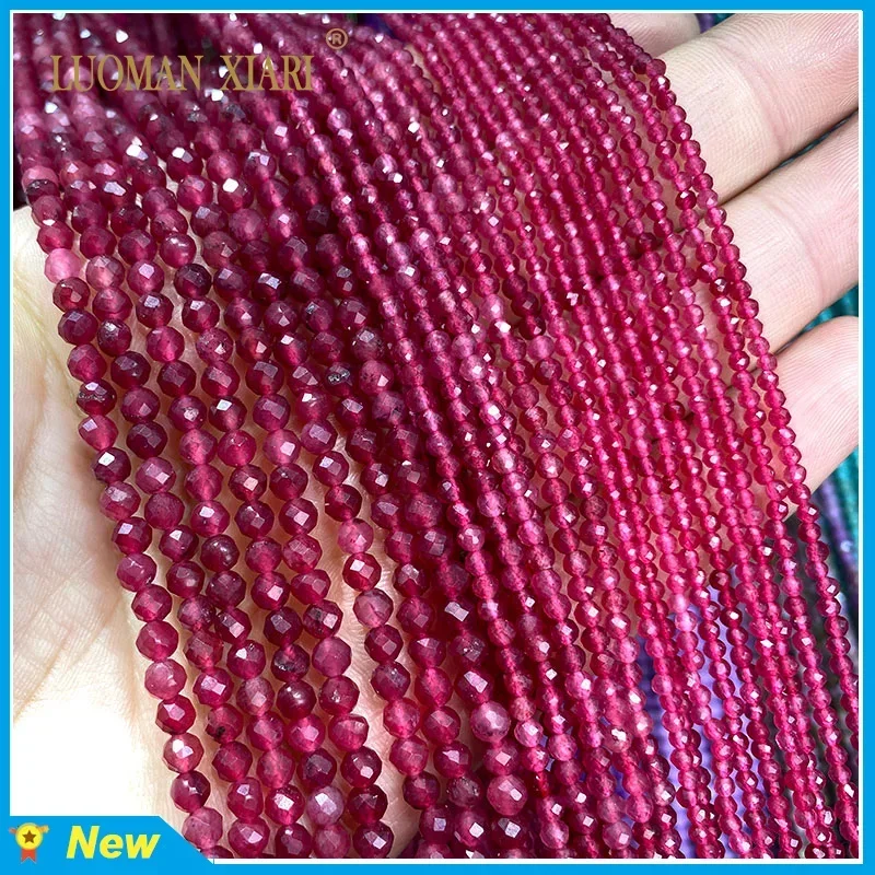 Natural Stone Beads Faceted Ruby Red Chalcedony Round Loose Spacer Beads For Jewelry Making DIY Bracelet Necklace 2MM 3MM 4MM