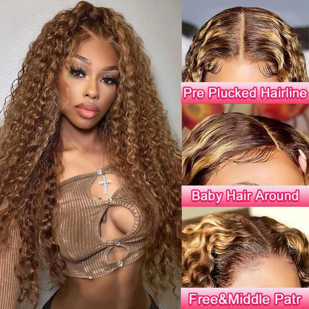 Pelucas frontales de encaje rizado profundo para mujer, cabello de bebé prearrancado, 200% de densidad, resaltado rubio miel 4/27, 13x4