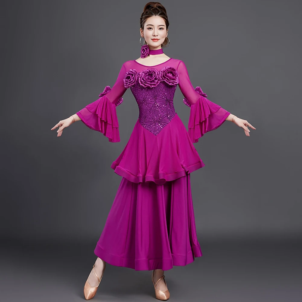 フクシア標準ダンス衣装競技ホーンスリーブ高品質社交選手権ステージ衣装レッドワルツ