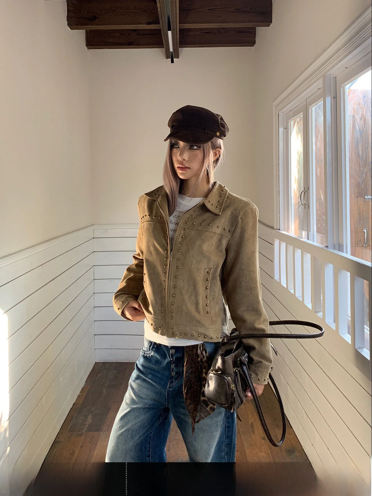 

GOGOBURN American Sle Brown ort Jaet Women's Warmth Top Vintage Collar Zipper Long Sve Autumn Winter New Design