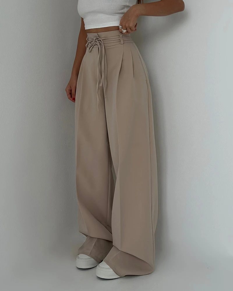 2025 New Fashion Women's Pants Elegant High Waist Tied Detail Work Dress Pants Casual Pocket Design Pants Female Trouser Bottom